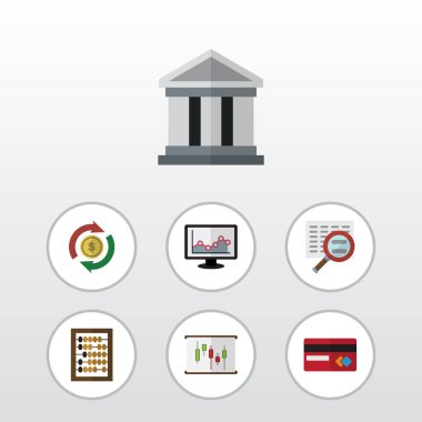 Düz simgesi gelen banka, değişim, tarama ve diğer vektör nesneleri kümesi. Ayrıca tarama, Mastercard, monitör unsurları içerir.
