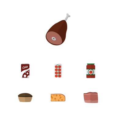 Düz simgesi yemek sığır eti, et, Tart ve diğer vektör nesneleri kümesi. Ayrıca Cola, içki, gazlı unsurları içerir.