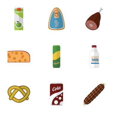 Et, tütsülenmiş sosis, gazlı içecek ve diğer vektör nesnelerini düz simge yemek seti. Ayrıca bisküvi, Bratwurst, Holland öğeleri içerir.