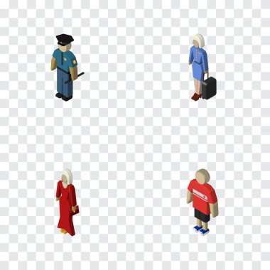 Kadın, adam, hostes ve diğer vektör nesneleri izometrik insan kümesi. Adam, memur bey, çocuk öğeleri de içerir.