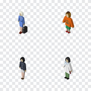 İzometrik insanlar kız, Doktor, Lady ve diğer vektör nesneleri kümesi. Hostes, Doktor, hemşire öğeleri de içerir.