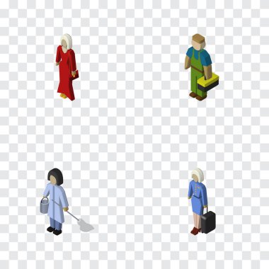 İzometrik kişi tesisatçı, erkek, hizmetçi ve diğer vektör nesneleri kümesi. Ayrıca hostes, Bayan, teknisyen öğeleri içerir.