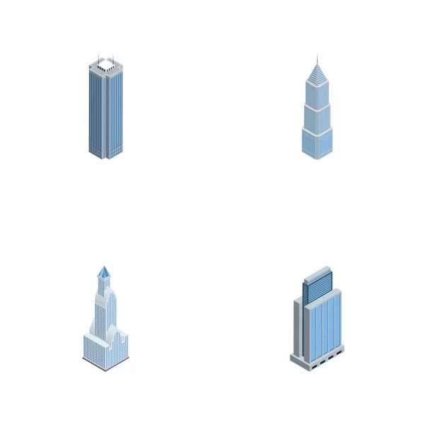 Ensemble de construction isométrique de paysage urbain, gratte-ciel, urbain et autres objets vectoriels. Comprend également Appartement, Extérieur, Éléments de gratte-ciel . — Image vectorielle