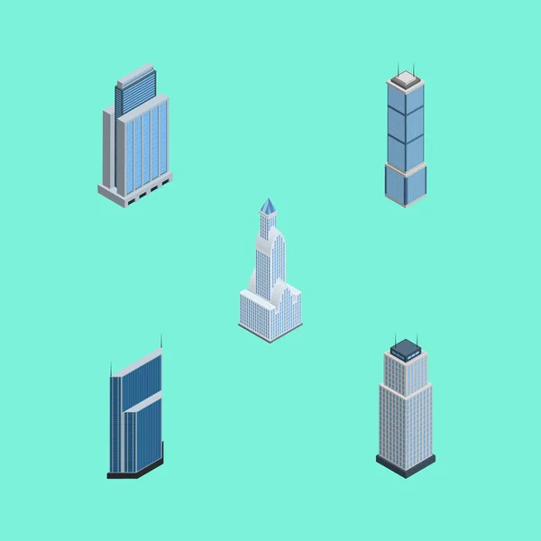 Izometrické stavebnice byt, panoráma, obytných a jiných vektorových objektů. Zahrnuje také mrakodrap, Urban, byt prvky. — Stockový vektor