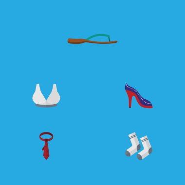 Düz simgesi giysi Cravat, ayak Tekstil, plaj sandalet vektör nesneleri kümesi. Ayrıca topuklu, Ayakkabı, spor öğeleri içerir.