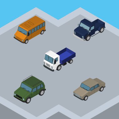 İzometrik taşıma otomatik, kamyon, Autobus ve diğer vektör nesneleri kümesi. Ayrıca içerir Suv, kamyonet, kamyon öğeleri.