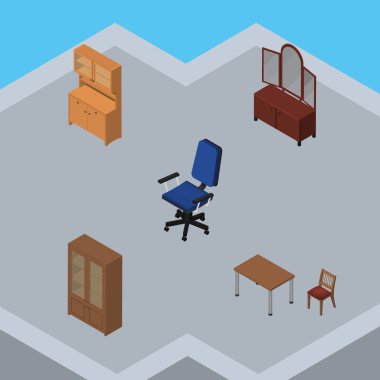 İzometrik çekmece, Office, sandalye ve diğer vektör nesneleri kümesi mobilya. Ayrıca mobilya, tablo, ayna parçaları içerir.