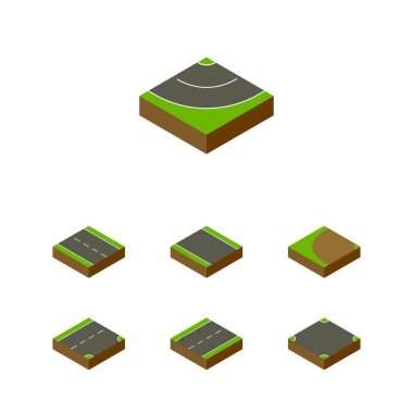 İzometrik yolu ayarla, tek şeritli, dönüm kavşak ve diğer vektör nesneleri. Ayrıca kavşak, Driveway, şerit öğeleri içerir.