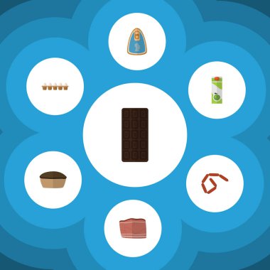 Sığır eti, konserve tavuk, Tart ve diğer vektör nesnelerini düz simge yemek seti. Ayrıca yumurta kabuğu, kutusu, pasta öğeleri içerir.