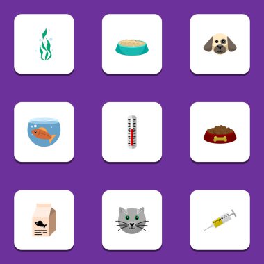 Sıcaklık ölçümü, köpek maması, Kitty ve diğer vektör nesnelerini düz simgesi hayvan kümesi. Kitty, köpek, şırınga öğeleri de içerir.
