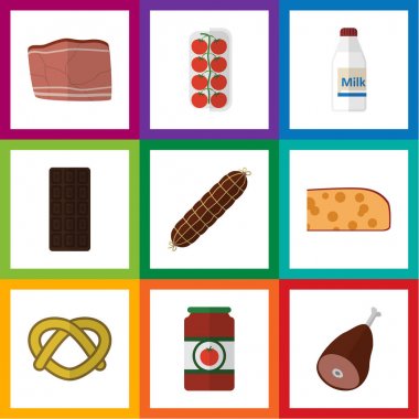 Düz simgesi yemek sığır eti, tütsülenmiş sosis, kaşar dilimi ve diğer vektör nesneleri kümesi. Bisküvi, Holland, Ham öğeleri de içerir.