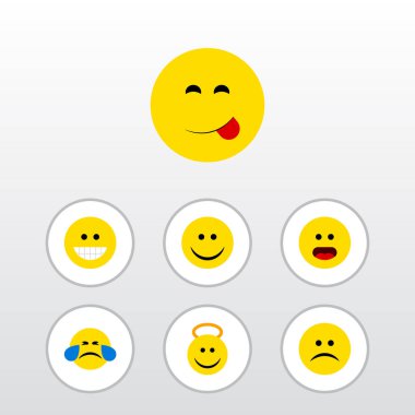 Düz simgesi yüz meleği, üzgün, sevinç ve diğer vektör nesnelerini ayarlayın. Ayrıca sevinç, gözyaşları, besin öğeleri içerir.