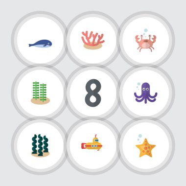 Düz simgesi doğa algler, periskop, kanser ve diğer vektör nesneleri ayarlayın. Ayrıca Star, dokunaç, ıstakoz öğeleri içerir.