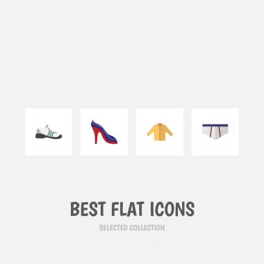 Düz simgesi giyim spor ayakkabı, Banyan, çamaşır grupları ve diğer vektör nesneleri kümesi. Ayrıca topuklu, iç çamaşırı, erkek öğeleri içerir.