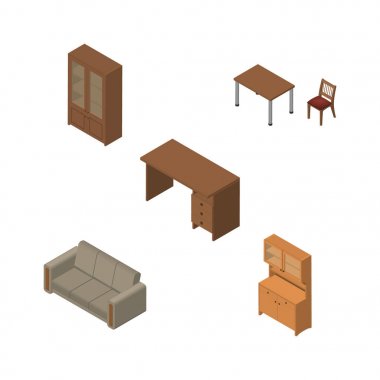 İzometrik mobilya dolap, dolap, kanepe ve diğer vektör nesneleri kümesi. Ayrıca masa, dolap, dolap öğeler içerir.