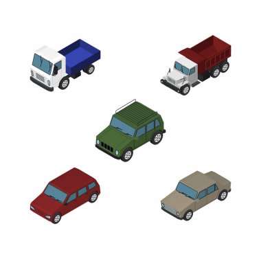 Otomatik, zırhlı, araba ve diğer vektör nesneleri izometrik otomobil kümesi. Ayrıca Sedan, kamyon, sürücü unsurları içerir.