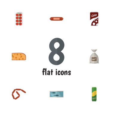 Düz simgesi gıda kümesi çuval, teneke ton balığı, kaşar dilimi ve diğer vektör nesneleri. Ayrıca makarna, şeker, Tuna öğeleri içerir.