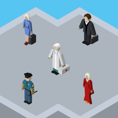 İzometrik insanlar memur, kadın, sağlık görevlisi ve diğer vektör nesneleri kümesi. Ayrıca polis, insan, kız öğeleri içerir.