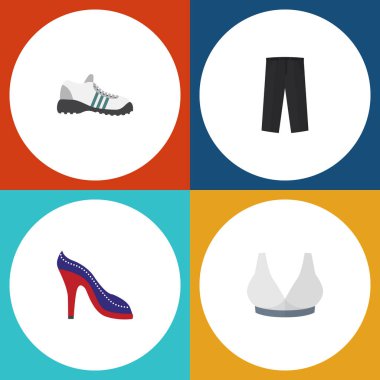 Brasserie, topuklu ayakkabı, pantolon ve diğer vektör nesnelerini düz simge giysi seti. Aynı zamanda Sandal, meme, Ayakkabı unsurları içerir.