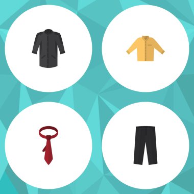 Düz simgesi elbise kümesi Cravat, Banyan, üniforma ve diğer vektör nesneleri. Ayrıca pantolon, kravat, kravat unsurları içerir.