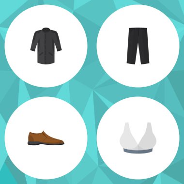 Düz simgesi giysi kümesi üniforma, pantolon, erkek Footware ve diğer vektör nesneleri. Ayrıca Footware, Kimono, Ayakkabı detayları içerir.