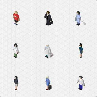 Doktor, hostes, polis ve diğer vektör nesneleri izometrik insan kümesi. Ayrıca Doktor, yatırımcı, hemşire unsurları içerir.