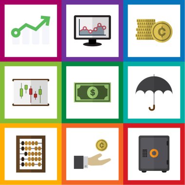 Düz simgesi kazanç kümesi sayaç, şemsiye, nakit ve diğer vektör nesneleri. Ayrıca Beach, diyagram, grafik öğelerini içerir.