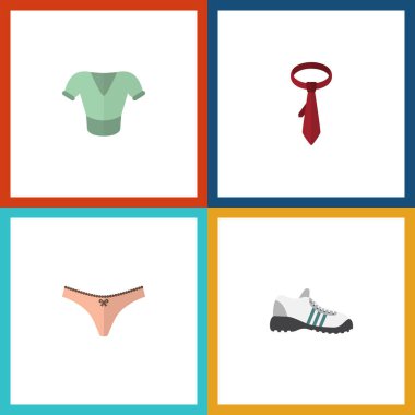 Rahat, iç çamaşırı, Ayakkabı ve diğer vektör nesnelerini düz simge giysi seti. Ayrıca iç çamaşırı, spor ayakkabıları, kravat öğeleri içerir.