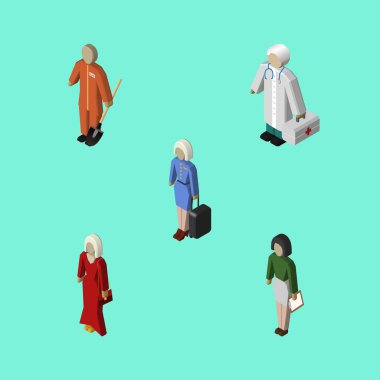 Hostes, süpürge, kadın ve diğer vektör nesnelerini izometrik insan kümesi. Ayrıca Cleaner, Builder, işçi unsurları içerir.