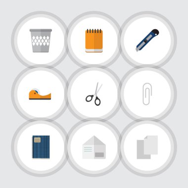 Düz simge Kırtasiye çöp tenekesi, defterini, harf ve diğer vektör nesneleri kümesi. Ayrıca Not Defteri, teyp, Blade öğeleri içerir.