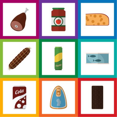 Düz simgesi teneke Tuna, et, gazlı içecek ve diğer vektör nesneleri kümesi yeme. Ayrıca sığır eti, sos, makarna öğeleri içerir.