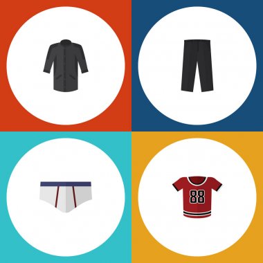 T-Shirt, üniforma, çamaşır grupları ve diğer vektör nesnelerini düz simge kıyafet seti. Ayrıca giyim, iç çamaşırı, tek biçimli öğeler içerir.