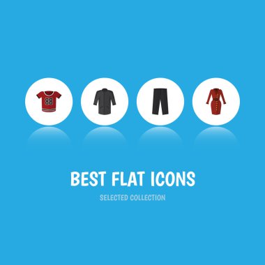 Düz simgesi elbise elbise, pantolon, tişört ve diğer vektör nesnelerini ayarlayın. Ayrıca bluz, Kimono, tek tip öğeleri içerir.