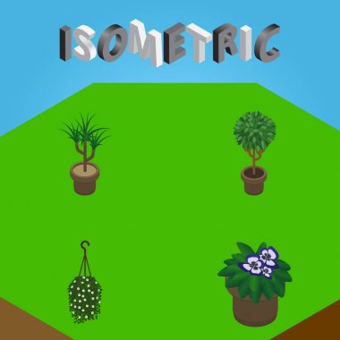 İzometrik çiçek ağaç, saksı, çiçeği ve diğer vektör nesneleri kümesi. Ayrıca öğeleri asılı çiçek, bitki, içerir.