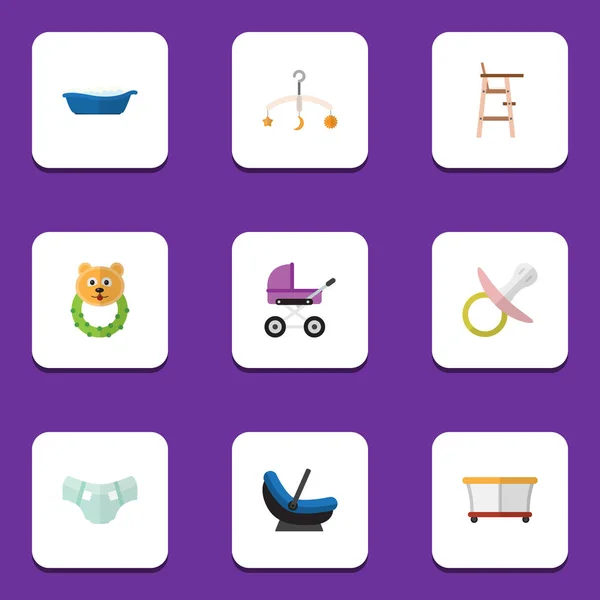 Conjunto de bebê ícone plana de mamilo, Pram, Rattle e outros objetos vetoriais. Também inclui banho, berço, Elementos para crianças . —  Vetores de Stock
