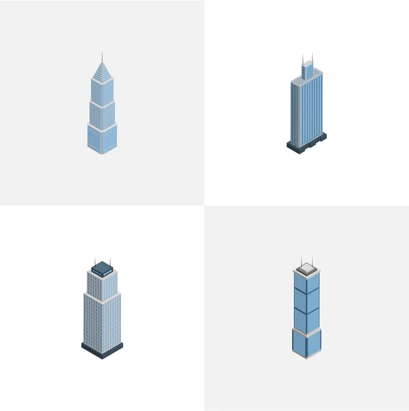 Isometrisk skyskrapa uppsättning Businesscenter, exteriör, torn och andra vektorobjekt. Innehåller även byggnad, verksamhet, Lägenhet element. — Stock vektor