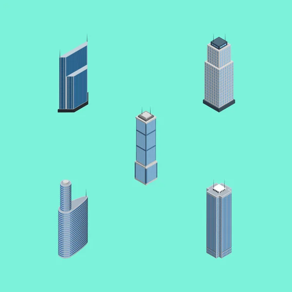 Изометрический комплект зданий жилых, строительных, небоскребов и других векторных объектов. Также включает в себя Озил, Бизнес, Skyscraper Elements . — стоковый вектор