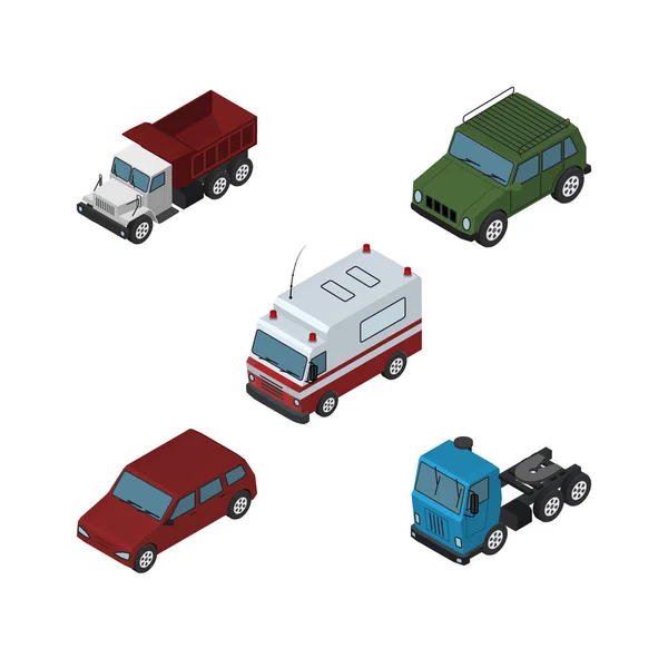 Изометрический транспортный комплект автомобилей, грузовиков, грузовых и других векторных объектов. Также включает в себя мотор, седан, элементы Suv . — стоковый вектор