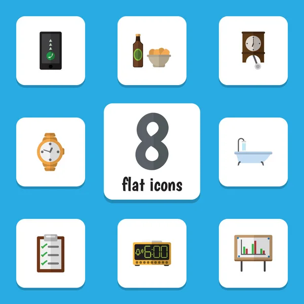 Flat Icon Lifestyle Set Of Clock, bière avec puces, tableau blanc et autres objets vectoriels. Comprend également un graphique, des jetons, des éléments de bière . — Image vectorielle