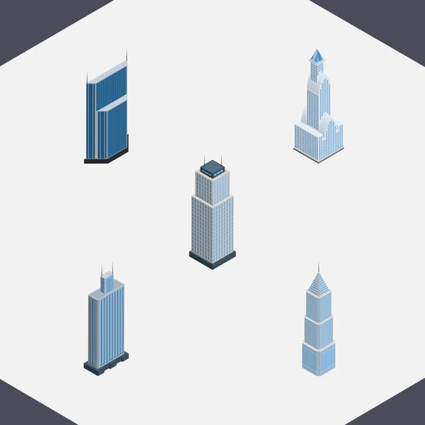 Ensemble de bâtiments isométriques d'objets vectoriels résidentiels, de centre d'affaires, extérieurs et autres. Comprend également les éléments résidentiels, d'affaires, extérieurs . — Image vectorielle