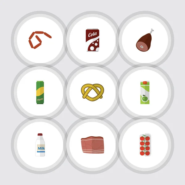 Lapos ikon élelmiszer paradicsom, marhahús, üveg és egyéb vektoros objektumok halmaza. Magában foglalja a Hotdog, Cola, perec elemek. — Stock Vector