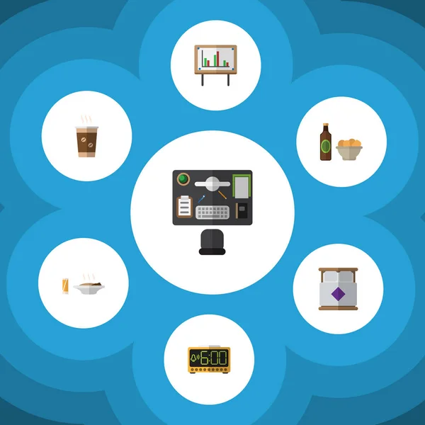 Lapos Oneday ikonkészlet Cappuccino, sör, Chips, faliújság és egyéb vektoros objektumokat. Magában foglalja az időt, elektromos, élelmiszer-elemek. — Stock Vector