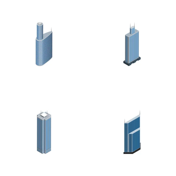 Ensemble de gratte-ciel isométrique de gratte-ciel, résidentiel, centre d'affaires et autres objets vectoriels. Comprend également bâtiment, extérieur, éléments de gratte-ciel . — Image vectorielle