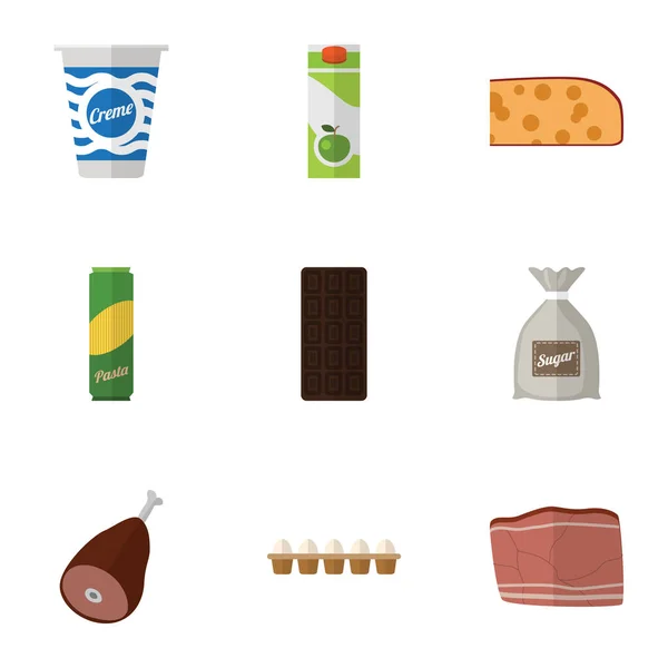 Platte maaltijd pictogrammenset van Packet drank, eierschaal doos, vlees en andere vectorobjecten. Ook kernelementen Apple, Holland, zak. — Stockvector