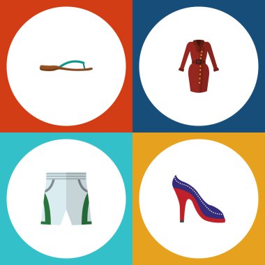 Düz simgesi giysi topuklu ayakkabı, mayo kumaş, plaj sandalet vektör nesneleri kümesi. Ayrıca şort, Flop, bez unsurları içerir.