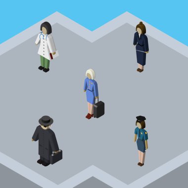 İzometrik kişi Dedektif, hostes, doktor ve diğer vektör nesneleri kümesi. Dedektif, Bayan, Doktor öğeleri de içerir.