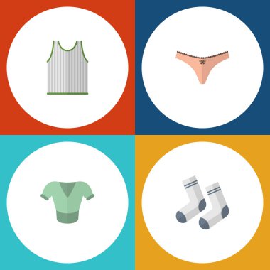 Düz simgesi giysi kümesi Singlet, iç çamaşırı, ayak Tekstil ve diğer vektör nesneleri. Ayrıca Tank, iç çamaşırı, iç çamaşırı öğeleri içerir.