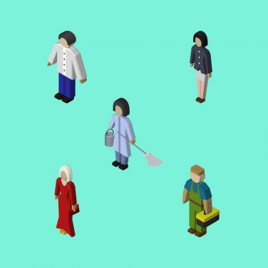 Erkek, hizmetçi, kadın ve diğer vektör nesnelerini izometrik insan kümesi. Ayrıca işçi, adam, temiz öğeleri içerir.