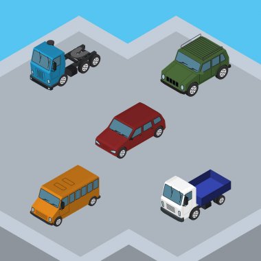 Kamyon, kamyon, Autobus ve diğer vektör nesnelerini izometrik otomobil kümesi. Ayrıca kamyon, Sedan, zırhlı öğeleri içerir.