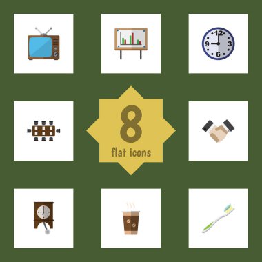 Düz simgesi hayat televizyon, saat, yönetim kurulu ve diğer vektör nesnelerini ayarlayın. Ayrıca beyaz tahta, konferans, ortaklık öğeleri içerir.